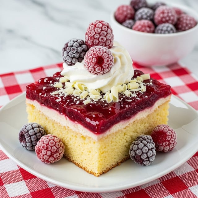 A square slice of dessert sits on a white plate, placed on a red and white checkered cloth with a white marbled texture surface. The dessert has two layers: a bottom layer of light yellow cake with a soft, spongy texture, and a top layer of bright red, glossy fruit compote or jam, slightly chunky. On top, there is a dollop of white whipped cream, decorated with three frosted red and purple berries covered in sugar crystals. Around the slice, more frosted berries are scattered, and white chocolate shavings are sprinkled over the jam. In the background, a white bowl filled with more sugared berries is visible. photo taken with an iphone --ar 4:5 --v 7