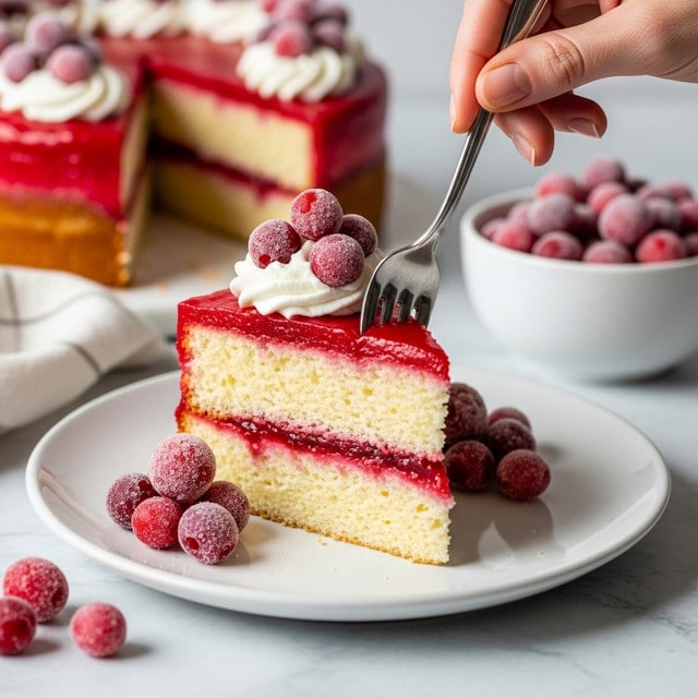 A slice of two-layer cake sits on a white plate with a white marbled texture beneath. The bottom layer is light yellow with a soft texture, while the top layer is bright red and slightly glossy, likely a berry topping. On top of the red layer is a small dollop of white whipped cream, adorned with several frosted red berries. Around the cake slice are more frosted red berries, covered in a light layer of sugar. A woman's hand is holding a fork, pressing into the top layer of the cake. In the background, a white bowl filled with frosted berries is slightly blurred. photo taken with an iphone --ar 4:5 --v 7