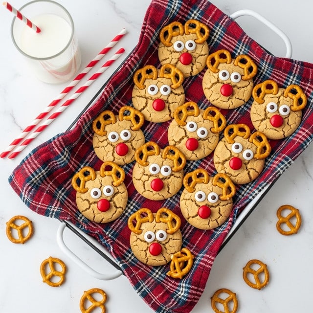 A collection of reindeer-shaped cookies are placed on a red and blue plaid cloth inside a white metal tray. Each cookie has a light brown, cracked texture forming the reindeer's face, adorned with two white candy eyes topped with black dots for pupils, a small red candy for the nose, and two small pretzels on top for antlers. The cookies are arranged in a loose cluster, with some extra pretzels scattered around the tray and on the white marbled surface below. To the left of the tray, there is a glass of milk visible, with two red and white striped straws next to it. photo taken with an iphone --ar 4:5 --v 7