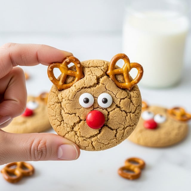 A single round light brown cookie is held by a woman's hand, with two small pretzels placed on top to look like antlers. Two white candy eyes with black dots sit near the center, and a small red candy is placed below them to look like a nose, resembling a reindeer face. The cookie has visible cracks and a rough texture. In the blurred background, there is a white glass of milk and some scattered pretzels on a white marbled surface. photo taken with an iphone --ar 4:5 --v 7