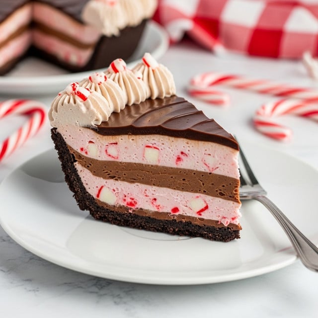 A slice of pie with four shown layers sits on a white plate on a white marbled surface; the bottom layer is a dark, crumbly crust, above it is a thick, light pink creamy filling with small red and white chunks spread inside, the next layer is a smooth, shiny dark chocolate topping, and the top layer features a border of piped light brown whipped cream decorated with small pieces of crushed candy canes. Nearby, a silver fork lies on the plate, and red and white candy canes and a red and white checkered cloth are blurred in the background. Photo taken with an iphone --ar 4:5 --v 7