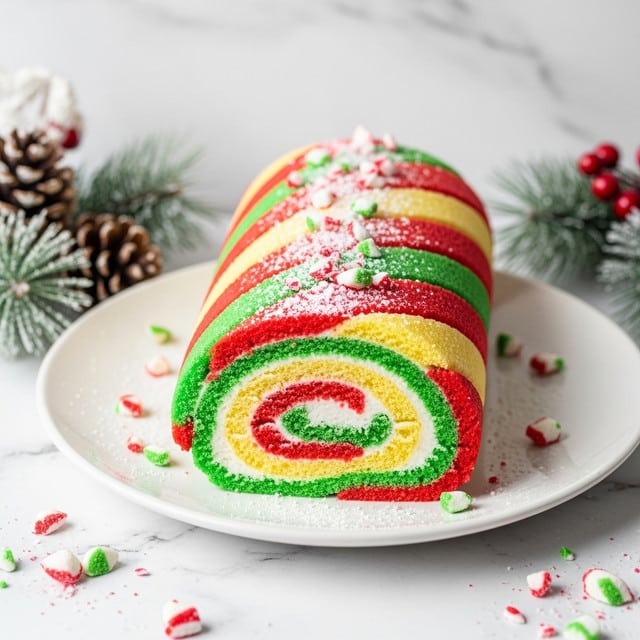The image shows a rolled cake with three visible layers on the outside, alternating red, green, and light yellow colors in wide diagonal stripes. Inside, the cake is rolled with a layer of white cream filling that spirals through the red, green, and yellow cake layers. The cake surface has a dusting of powdered sugar and small pieces of crushed candy scattered on top and around the white plate it sits on. The background has a white marbled texture with holiday decorations like pine cones and frosted pine branches near the cake. The photo is taken with an iphone --ar 4:5 --v 7