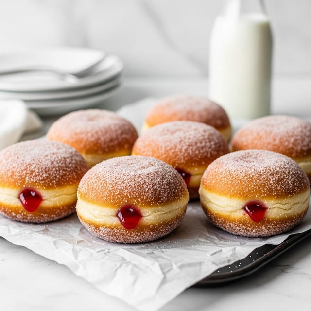 Several sugar-coated jelly-filled doughnuts are arranged on crumpled white parchment paper on a dark tray. Each doughnut is golden brown, round, and dusted evenly with granulated sugar, showing a shiny red jelly filling oozing slightly from one side. In the background, there is a blurred white stack of plates and a tall glass bottle of milk, all set on a white marbled texture. The lighting is soft and natural, highlighting the texture of the sugar and the doughnuts' fluffy surface. photo taken with an iphone --ar 4:5 --v 7