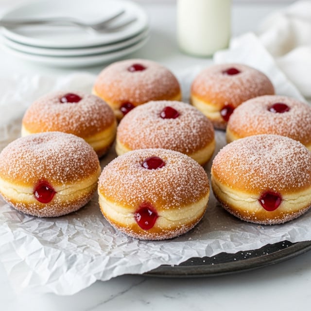 A group of seven jelly-filled doughnuts is arranged on crumpled white parchment paper placed on a textured dark tray. Each doughnut is round and golden-brown, generously coated with granulated sugar that gives a rough, sparkling surface. The doughnuts have visible spots where deep red jelly oozes out slightly from the middle, adding a bright splash of color against the sugar. The setting is on a white marbled surface with a soft-focus background showing stacked white plates and a glass bottle of milk. The overall look is fresh and inviting, highlighting the sugary texture and glossy jelly in clear daylight. photo taken with an iphone --ar 4:5 --v 7