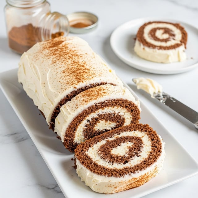 This image shows a cinnamon roll cake sliced into four thick pieces, placed on a white rectangular plate. Each slice has two visible layers: a dark brown spongy cake layer and a light cream-colored swirl of cinnamon frosting tightly rolled within it. The entire roll is covered with a thick layer of creamy, white frosting sprinkled with cinnamon powder on top. Nearby is a knife with some frosting on the blade and an open jar of cinnamon powder. In the background, one slice is also on a white round plate, all set on a white marbled surface. photo taken with an iphone --ar 4:5 --v 7