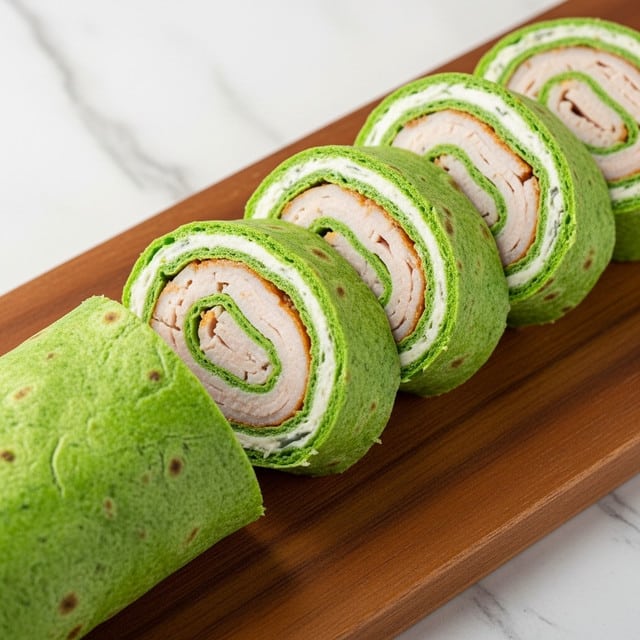 The image shows a roll cut into six slices, placed on a wooden board. The outer layer is bright green with a smooth and slightly speckled texture, indicating it is made from a spinach or herb-based wrap. Inside this green wrap, there are visible layers of light beige pieces of meat, likely turkey or chicken, along with a creamy white spread forming a thin layer between the wrap and the meat. The roll slices are arranged diagonally on the board, with the roll itself lying horizontally at the bottom left corner. The background is a white marbled texture. photo taken with an iphone --ar 4:5 --v 7
