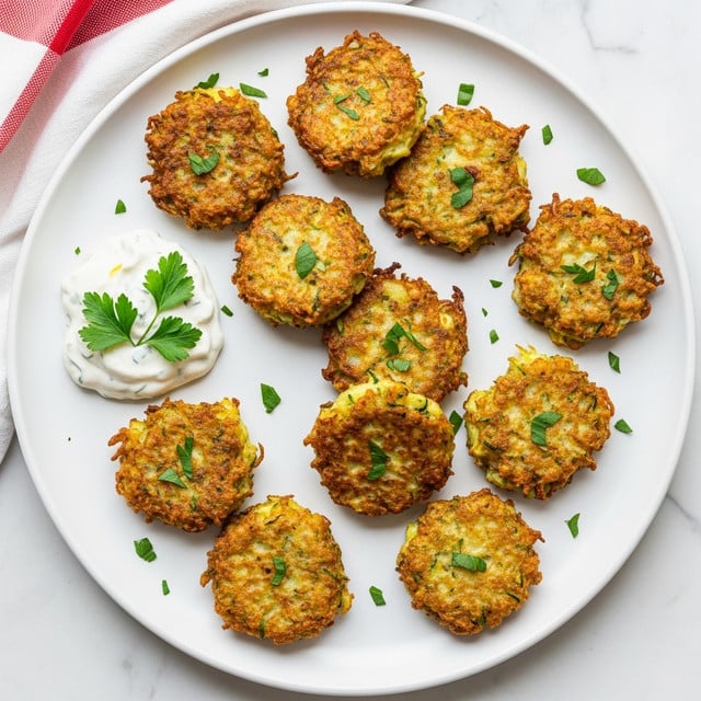 The image shows a white round plate on a white marbled surface with eight golden-brown zucchini fritters scattered on it. The fritters have a crispy texture with uneven browning and small green flecks of zucchini visible throughout. Some fritters have small green parsley leaves sprinkled on top. On the left side of the plate, there is a small scoop of white creamy sauce garnished with green parsley leaves. A corner of a red and white cloth is visible at the top of the image. photo taken with an iphone --ar 4:5 --v 7