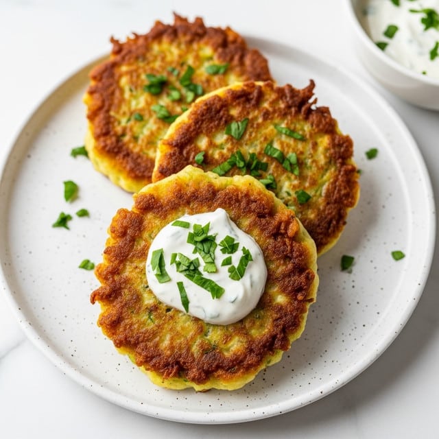 Three golden brown fritters are stacked in a slight overlapping line on a white plate with small speckles, placed on a white marbled surface. Each fritter has a crispy texture with uneven browning from frying, creating a mix of light and darker golden spots. On top of the fritter in front, there is a dollop of white creamy sauce, with finely chopped bright green herbs sprinkled over it and a few more scattered on the fritters behind. In the top right corner, a white bowl with more of the creamy sauce and green herbs is partially visible. Photo taken with an iphone --ar 4:5 --v 7