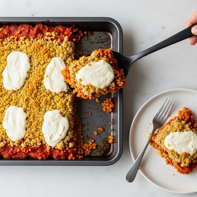The image shows a baked dish in a rectangular dark baking tray sitting on a white marbled surface, with a black serving spoon lifting a portion from the tray. The dish has three clear layers: the bottom layer is a coarse mixture of red tomato sauce with small chunks of vegetables and grains; the middle layer is a thick white melted cheese with smooth texture, spread in five uneven patches on top; and the top layer is a golden-brown, crumbly toasted topping covering the exposed edges and some parts of the cheese. Next to the tray, a white plate with a slice of the dish topped with melted cheese is visible, along with a silver fork on the plate. Photo taken with an iphone --ar 4:5 --v 7