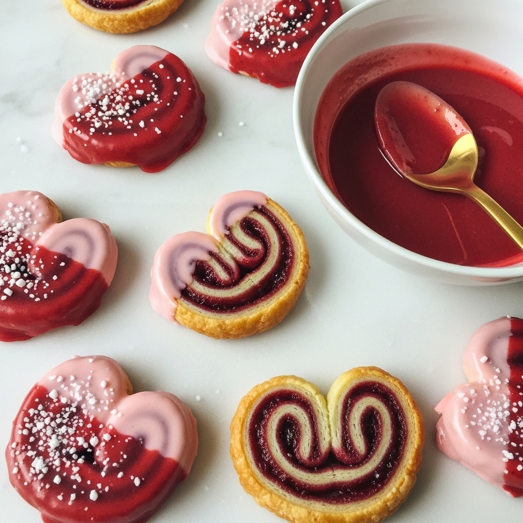 Several small palmiers are spread across a white marbled surface. Each palmier has a golden, flaky pastry base with two tight dark red jam spirals visible inside. Some of the palmiers are half dipped in a smooth glaze, alternating between a light pink and a darker reddish-pink color, with a light sprinkling of coarse sugar crystals on top. To the right, a white bowl contains more of the darker reddish-pink glaze, with a gold spoon resting inside, partially covered in the glaze. The lighting is soft, highlighting the layers and textures of the pastries and glazes. photo taken with an iphone --ar 4:5 --v 7
