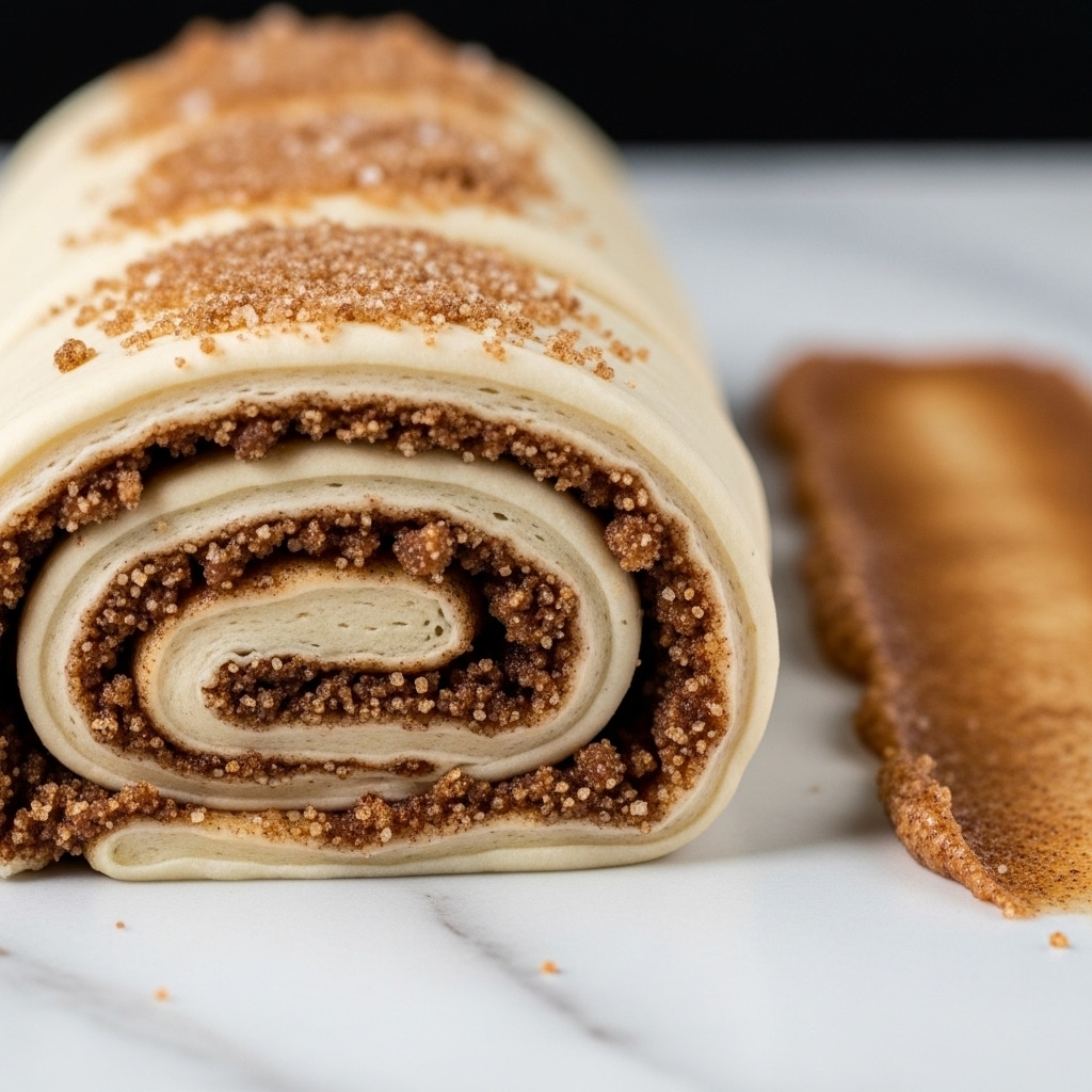 A close-up image of a rolled dough layered with a crumbly brown sugar and cinnamon filling, showing about four visible folds in the dough. The dough is a pale beige color with a soft, slightly rough texture, while the filling is darker brown and granular, with some sugar crystals sprinkled on top. The roll is placed on a white marbled surface, with a blurred section of the spread filling visible on the right side. The background is dark, creating contrast with the light dough. photo taken with an iphone --ar 4:5 --v 7
