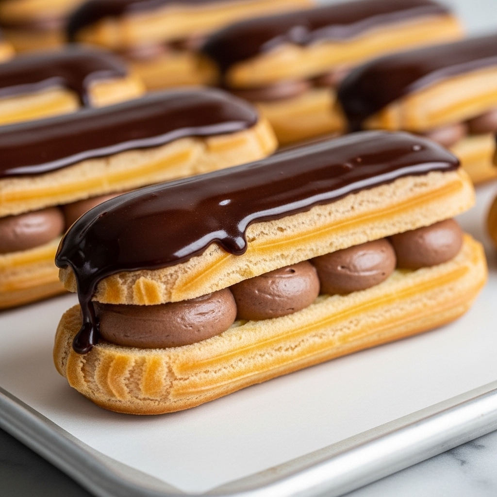 The image shows a close-up of a chocolate éclair resting on a white parchment-lined tray with a white marbled texture visible below. The éclair has three visible layers: the bottom light golden, puffed pastry layer that looks soft and flaky; a thick middle layer of smooth, dark chocolate cream filling; and a glossy, dark chocolate ganache layer coated on top with a shiny finish that slightly drips over the edges. In the blurred background, other éclairs and pastries are visible, maintaining the same layer structure and colors. Photo taken with an iphone --ar 4:5 --v 7