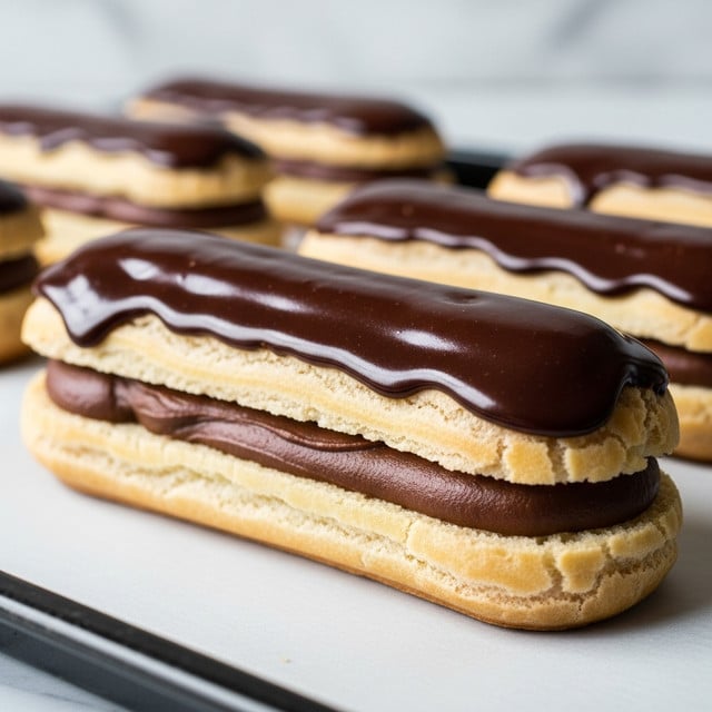 A close-up image of a chocolate éclair resting on white parchment paper over a dark baking tray, showing three visible layers: the bottom layer is a rough, light beige pastry with a slightly flaky texture; the middle layer is a smooth, thick, dark chocolate filling spread evenly; the top layer is a shiny, glossy dark chocolate glaze that drips slightly over the sides, capturing light reflections that give it a rich appearance, with blurred éclair pastries visible in the background on a white marbled surface. Photo taken with an iphone --ar 4:5 --v 7