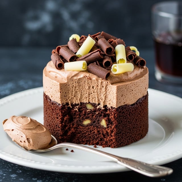 A small round chocolate cake sits on a white plate with a dense dark brown outer layer. Inside the cake, there is a moist, slightly crumbly chocolate layer with visible pieces of nuts. On top, there is a thick, creamy chocolate mousse layer, light brown in color, crowned with curled chocolate shavings in white and dark brown. A vintage silver spoon with a dollop of mousse on it rests next to the cake on the plate. The background shows a dark textured surface with a glass of dark liquid partially visible. Photo taken with an iphone --ar 4:5 --v 7