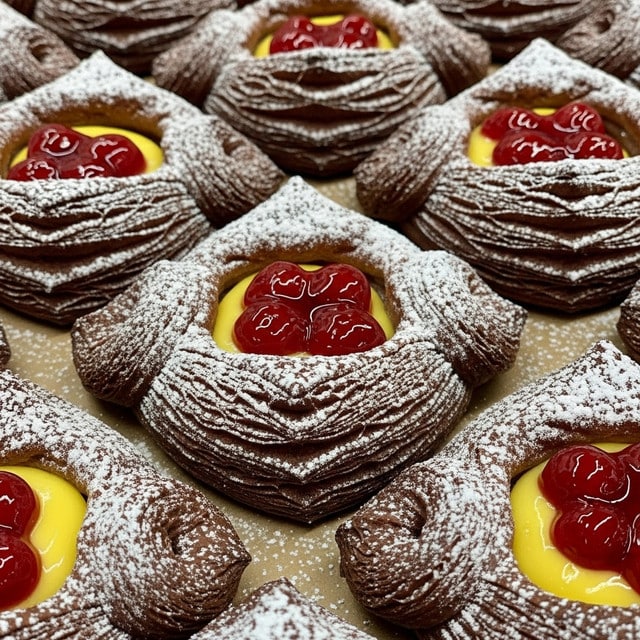 The image shows a small square-shaped pastry with a thick, textured brown dough base folded at the corners, creating a raised frame around the filling. Inside this frame, there are two layers of filling: the first layer is smooth and creamy pale yellow, piped into a teardrop shape, and the second layer is a dollop of shiny, deep red jam sitting at the front center of the pastry. The pastry rests on a white marbled surface, and other similar pastries are partially visible in the background. photo taken with an iphone --ar 4:5 --v 7