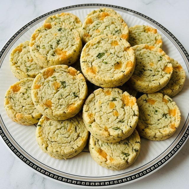 A pile of small, round baked biscuits sits on a white plate with a detailed black and beige patterned rim. The biscuits are light golden brown with specks of green herbs visible throughout, showing a slightly rough and textured surface. They are stacked randomly, some overlapping, giving a sense of fullness to the plate. The background is a white marbled texture. Photo taken with an iphone --ar 4:5 --v 7