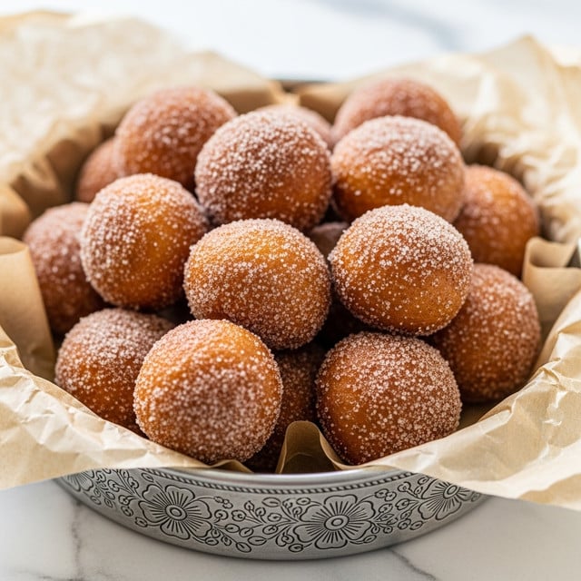 The image shows a pile of small, round, golden-brown doughnuts covered with a fine layer of sugar and cinnamon, giving them a slightly grainy texture. They are placed in a shallow, round silver bowl with floral patterns on the side, lined with crinkled light brown parchment paper. The doughnuts have a crispy exterior and are closely packed, with some slightly overlapping each other. The background features a soft focus white marbled texture that highlights the warm tones of the doughnuts. photo taken with an iphone --ar 4:5 --v 7