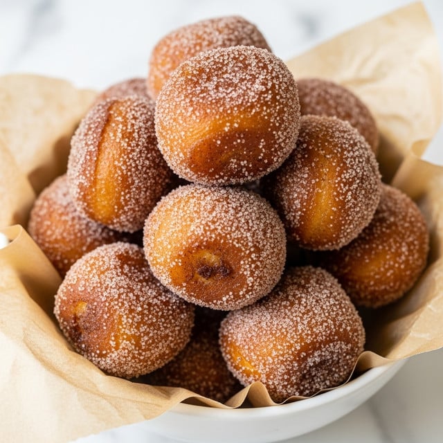A close-up view of many small, golden-brown bite-sized doughnut pieces covered in sugar and cinnamon, showing a rough and slightly crunchy texture with some darker spots where they are more cooked, stacked together in a white bowl lined with light brown parchment paper, all set on a white marbled textured surface, photo taken with an iphone --ar 4:5 --v 7