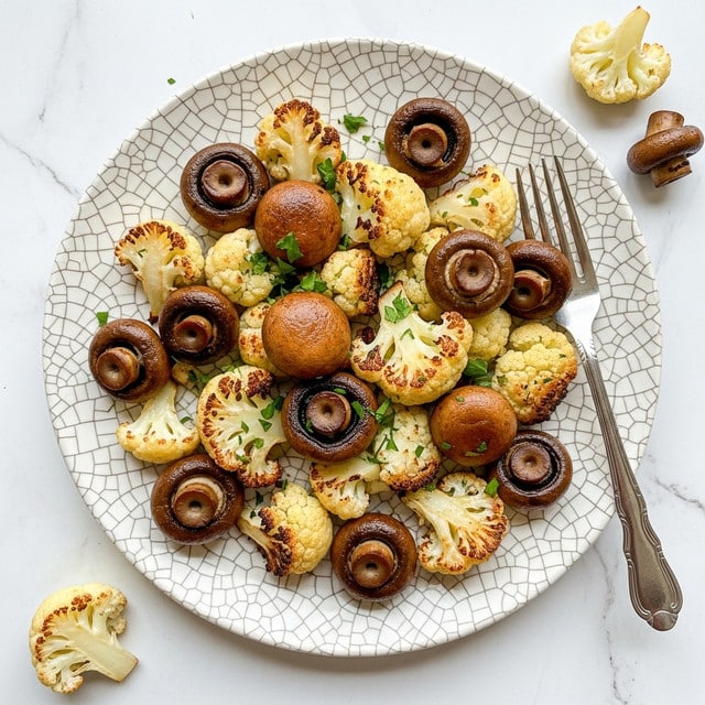 A white round plate with a cracked beige pattern holds a mix of roasted cauliflower and whole brown mushrooms, both browned and slightly crispy. The cauliflower pieces are creamy white with golden brown edges, while the mushrooms are rich brown and glossy. Small bits of chopped green herbs are sprinkled on top, adding a fresh touch. A silver fork rests on the right side of the plate. The plate is on a white marbled texture surface with a small piece of cauliflower and a mushroom nearby. photo taken with an iphone --ar 4:5 --v 7