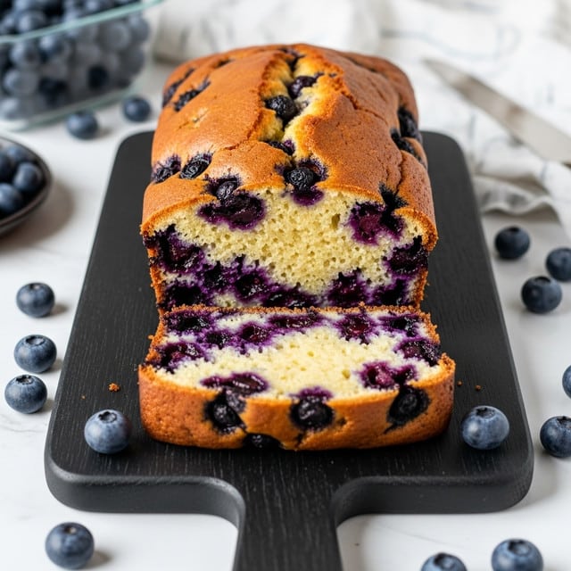A loaf of blueberry cake rests on a black wooden board, set on a white marbled surface. The cake has a golden-brown crust with cracks showing the soft inside filled with vibrant purple blueberries spread evenly throughout. One slice is cut and laid in front of the loaf, showing the moist texture with juicy blueberries embedded inside. Fresh blueberries are scattered around the board, and more blueberries are visible in a clear container in the background. Photo taken with an iphone --ar 4:5 --v 7