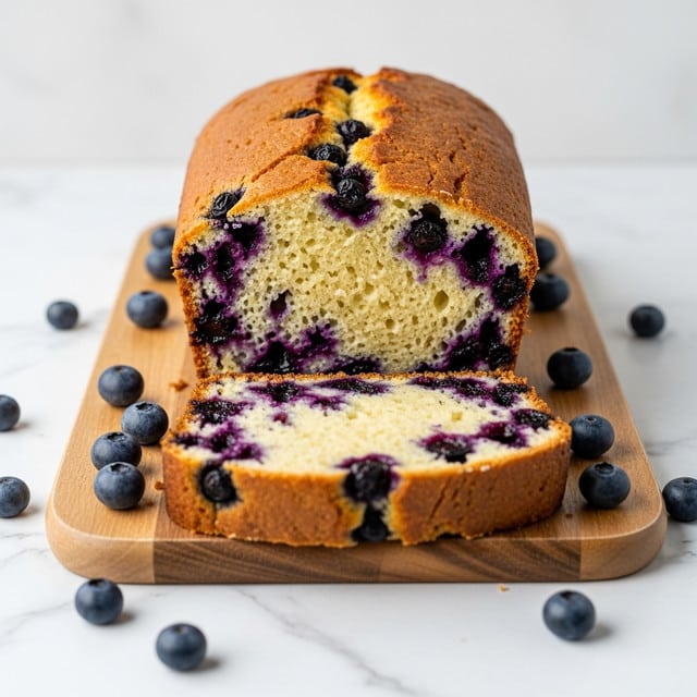 A loaf of blueberry bread sits on a wooden board with a slice cut off and placed in front. The bread has a golden-brown crust with visible cracks and a soft, pale yellow inside filled with many purple-blue blueberries spread evenly. Around the board, a few fresh blueberries are scattered. The setting is on a white marbled texture. Photo taken with an iphone --ar 4:5 --v 7