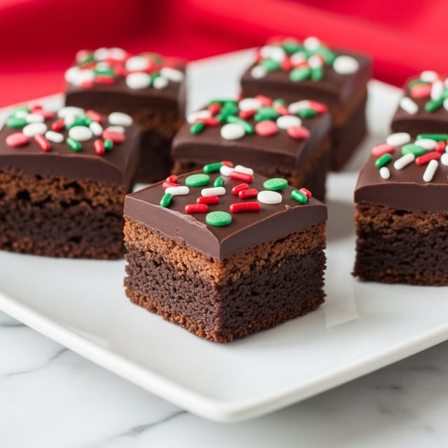 The image shows a close-up of six square chocolate brownies placed on a white plate. Each brownie has two layers: a thick, dark, crumbly base and a smooth, shiny layer of dark chocolate coating on top. The chocolate coating is decorated with colorful sprinkles—mostly red, green, and white—in different shapes such as small rods and flat circles. The background is a red cloth, and the plate rests on a white marbled surface. photo taken with an iphone --ar 4:5 --v 7