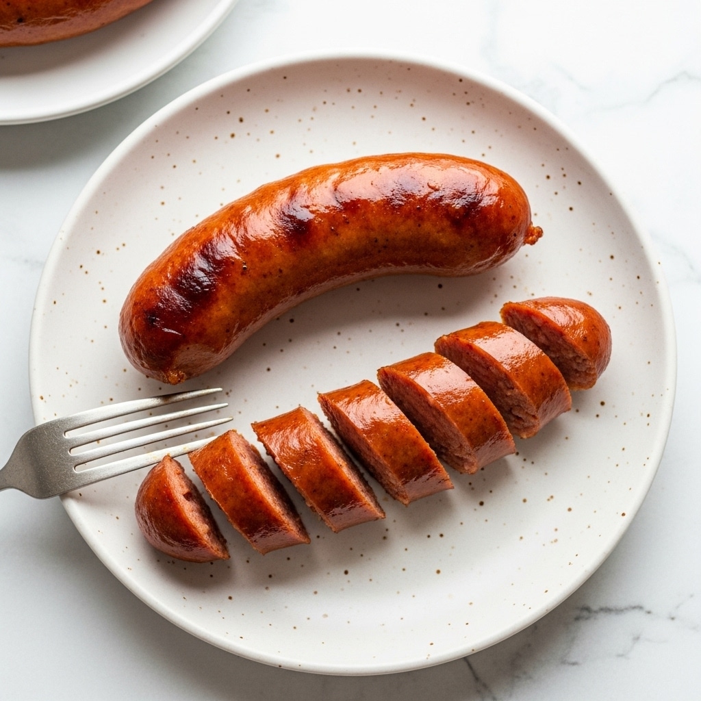 The image shows two shiny cooked sausages with a golden-brown color placed on a white plate with small brown specks. One sausage is whole, and the other is cut into six thick, juicy slices arranged in a row. A silver fork rests on the left side of the plate, touching the sliced sausage. The plate sits on a white marbled textured surface with a small part of another white plate with a whole sausage visible in the top left corner. The sausages look moist with a slightly crispy outside skin. Photo taken with an iphone --ar 4:5 --v 7