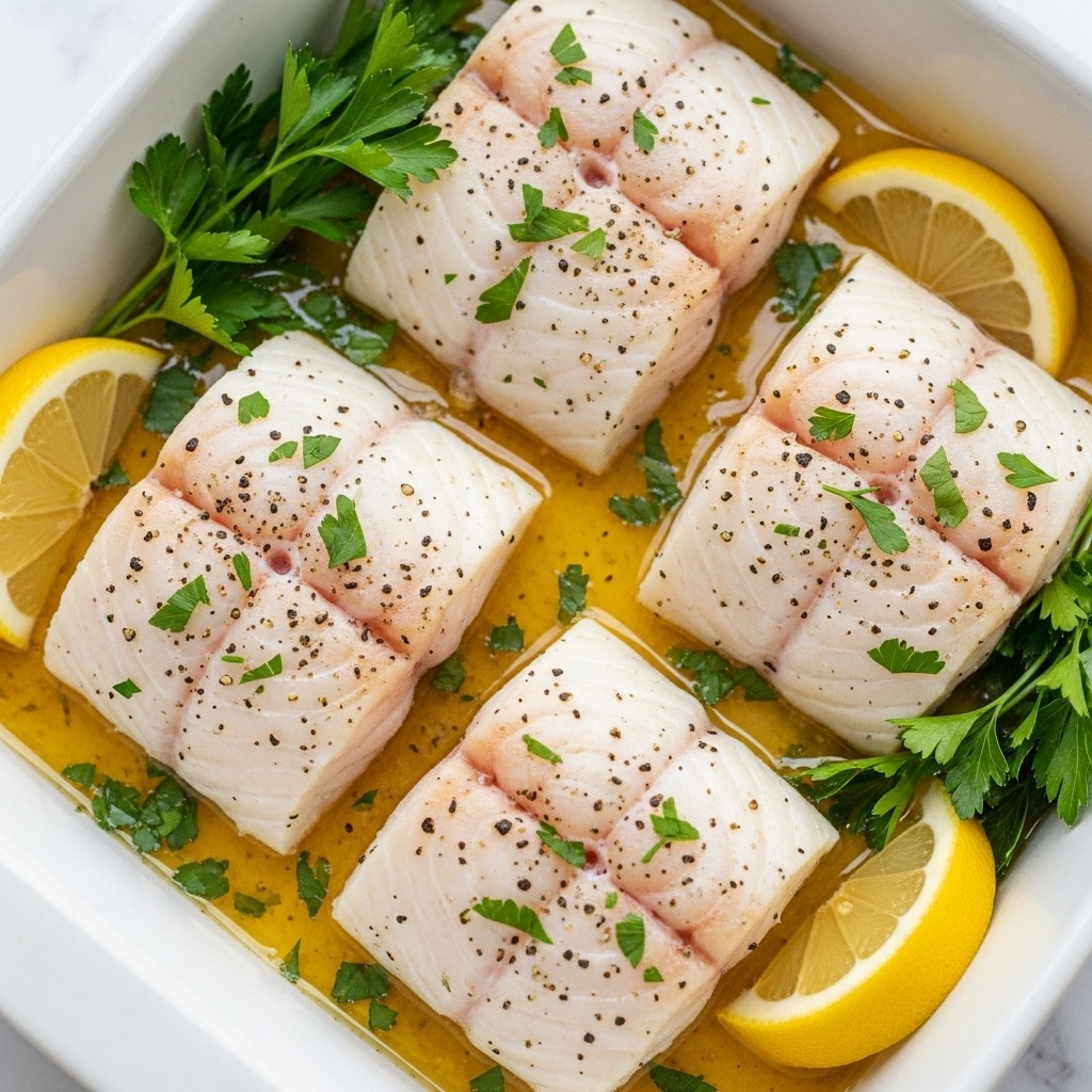 A close-up of four thick, white fish fillets seasoned with black pepper and small green parsley pieces, placed in a white baking dish with a light brown buttery sauce underneath. Two yellow lemon wedges with white rinds are positioned at the corners, and fresh parsley sprigs add bright green accents, all sitting on a white marbled surface. photo taken with an iphone --ar 4:5 --v 7