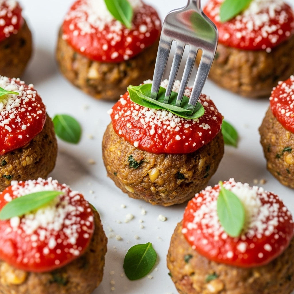 A close-up of several round meatballs arranged closely together on a white marbled surface, each meatball covered with a bright red tomato sauce layer topped with a fine sprinkle of white grated cheese, small fresh green herb leaves scattered on and around the meatballs, and a fork piercing the top of the central meatball, pressing a few herb leaves into the sauce. The texture of the meatballs looks slightly rough and cooked, with vibrant colors of red, white, and green. photo taken with an iphone --ar 4:5 --v 7