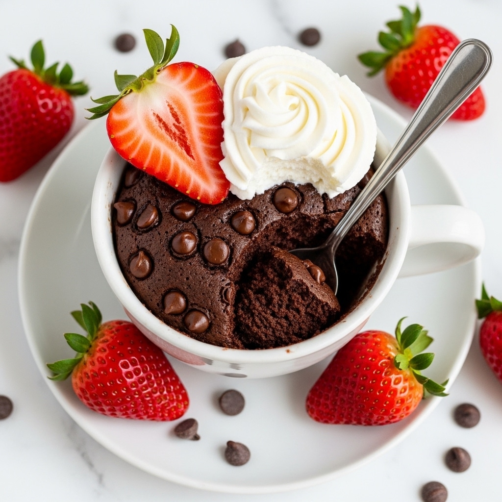 A moist chocolate cake baked inside a white cup, with a dark brown soft textured cake layer filling the cup. The cake surface is dotted with shiny chocolate chips and a small piece of cake is scooped with a silver spoon, revealing a crumbly texture. On top, there is a swirl of smooth white whipped cream sitting beside a bright red sliced strawberry with visible seeds and green leaves. The cup rests on a white plate with several fresh strawberries and scattered chocolate chips around it, all placed on a white marbled texture. Photo taken with an iphone --ar 4:5 --v 7