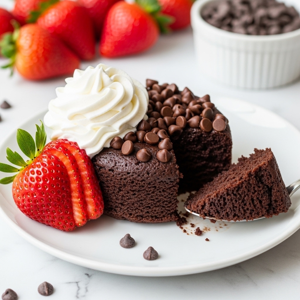 The image shows a small, round chocolate cake with a dark, moist texture, topped with scattered glossy chocolate chips. On one side of the cake, there is a swirl of smooth, white whipped cream. Next to the whipped cream, a fresh red strawberry is sliced and fanned out, showing its juicy inside and green leafy top. The cake sits on a white plate on a white marbled surface, with part of the cake being lifted by a spoon to reveal its soft crumb inside. Bright red whole strawberries and a small white bowl filled with chocolate chips are blurred in the background. Photo taken with an iphone --ar 4:5 --v 7
