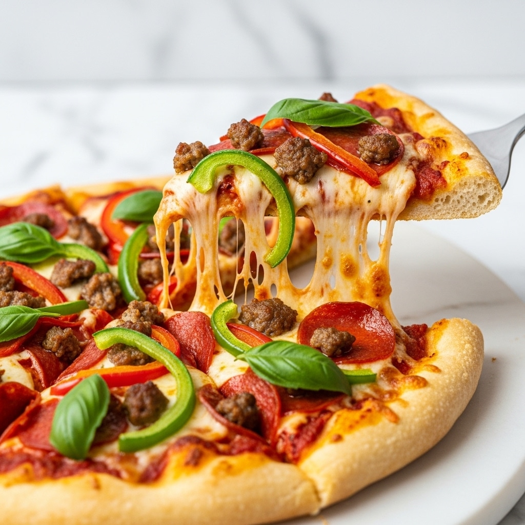 A close-up image of a slice of pizza being lifted from a white marbled surface with a pizza spatula. The pizza has three main layers visible: a golden-brown thick crust base, a layer of melted yellowish-orange cheese stretching as the slice lifts, and toppings that include red pepperoni slices, small pieces of browned sausage, green bell pepper strips, and fresh green basil leaves scattered on top. The cheese looks creamy and slightly gooey, with some melted cheese strands connecting the slice to the rest of the pizza. The pizza itself rests on a wooden board that contrasts with the white marbled background. Photo taken with an iphone --ar 4:5 --v 7