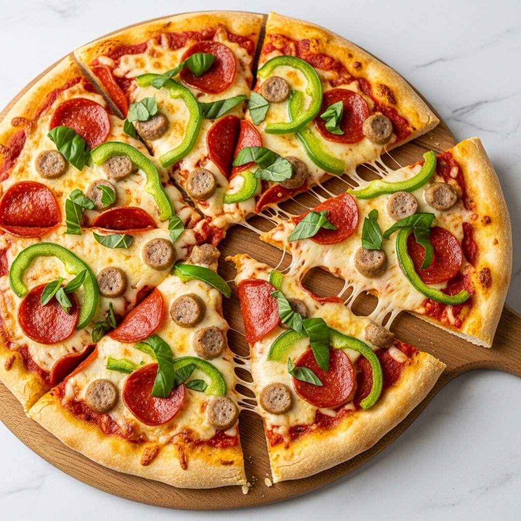 The image shows a pizza with five slices on a wooden pizza peel, placed on a white marbled surface. The pizza has a golden-brown crust as the base layer, topped evenly with melted yellow cheese that stretches as one slice is pulled slightly away. There are bright red pepperoni slices, light brown sausage pieces, and fresh green bell pepper strips scattered across the cheese layer. Fresh dark green basil leaves are spread on top for garnish, adding vibrant color. Photo taken with an iphone --ar 4:5 --v 7