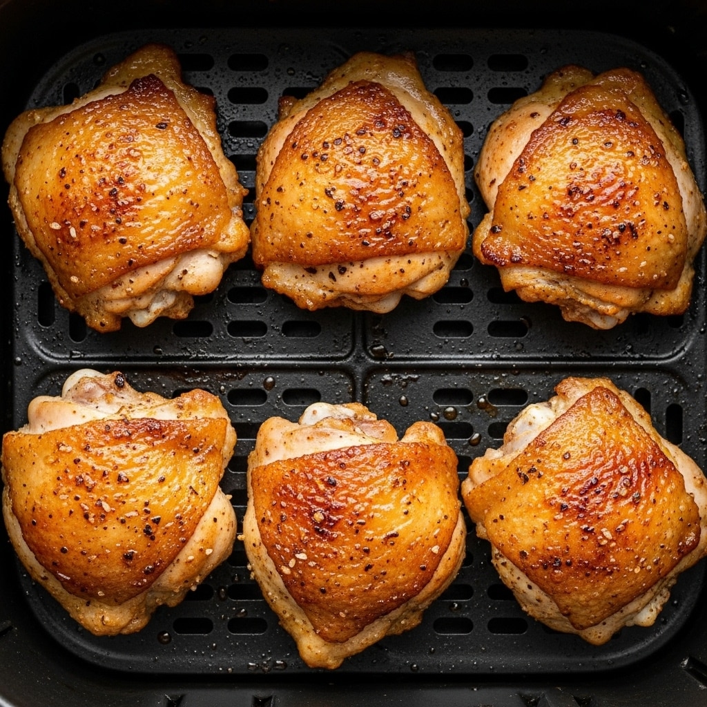 The image shows five pieces of golden-brown, crispy chicken thighs placed inside a black air fryer basket. Each piece has a crisp, slightly shiny skin with visible seasoning and spices, giving a textured and appetizing look. The chicken pieces vary slightly in size and shape, lying close together on the basket’s perforated bottom, which helps to drain excess oil. The glossy and uneven surface of the chicken gives an impression of tender inside and crunchy outside. photo taken with an iphone --ar 4:5 --v 7