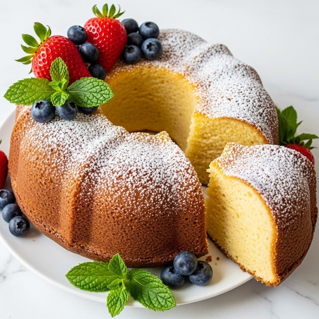 A round, single-layer fluffy cake with a golden-brown crust and a soft, light yellow inside is shown with a slice cut out and slightly pulled forward. The top is dusted lightly with white powdered sugar, giving a delicate texture, and the cake has a hole in the center similar to a bundt shape. Fresh red strawberries and dark blue blueberries decorate the top left and bottom sides of the cake along with bright green mint leaves. The whole cake sits on a white plate placed on a white marbled surface. photo taken with an iphone --ar 4:5 --v 7