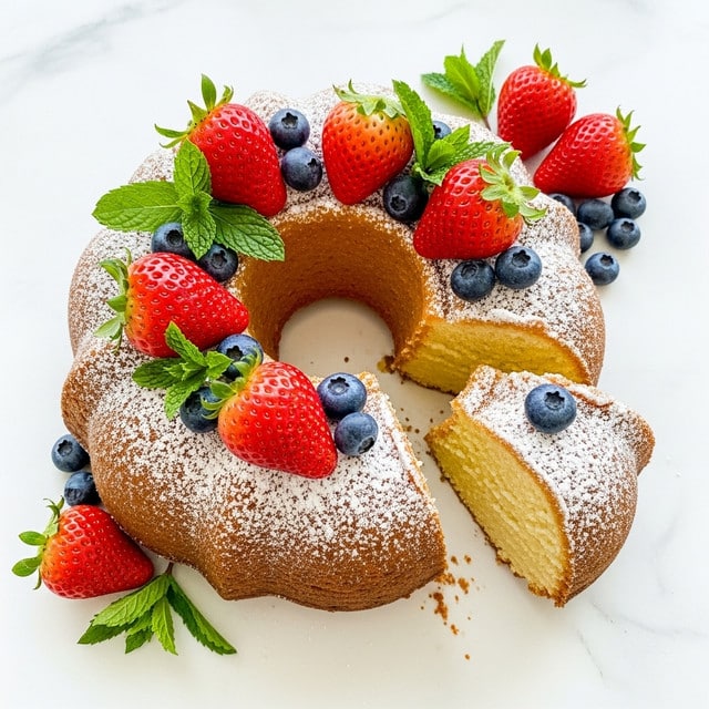 A round bundt cake with one slice removed, showing one thick layer inside that is pale yellow and dense. The cake's top and sides have a light dusting of powdered sugar and cinnamon, giving it a textured, slightly grainy look in light brown and white colors. On top and around the cake, there are bright red strawberries and small dark blue blueberries, along with fresh green mint leaves, adding fresh and colorful details. The cake sits directly on a white marbled surface. photo taken with an iphone --ar 4:5 --v 7