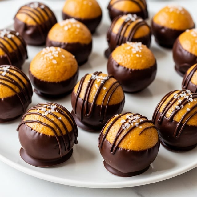 The image shows a white plate full of round peanut butter balls that are half-covered in dark chocolate. Each ball has a smooth, creamy orange peanut butter layer on top and a thick, shiny dark chocolate coating covering the bottom half. Some of the chocolate-covered balls have extra chocolate drizzled on top, creating thin dark lines. A few of the peanut butter tops are sprinkled with coarse sea salt flakes, adding white specks. The plate is placed on a white marbled surface with soft lighting highlighting the shiny texture of the chocolate and the creamy texture of the peanut butter. photo taken with an iphone --ar 4:5 --v 7
