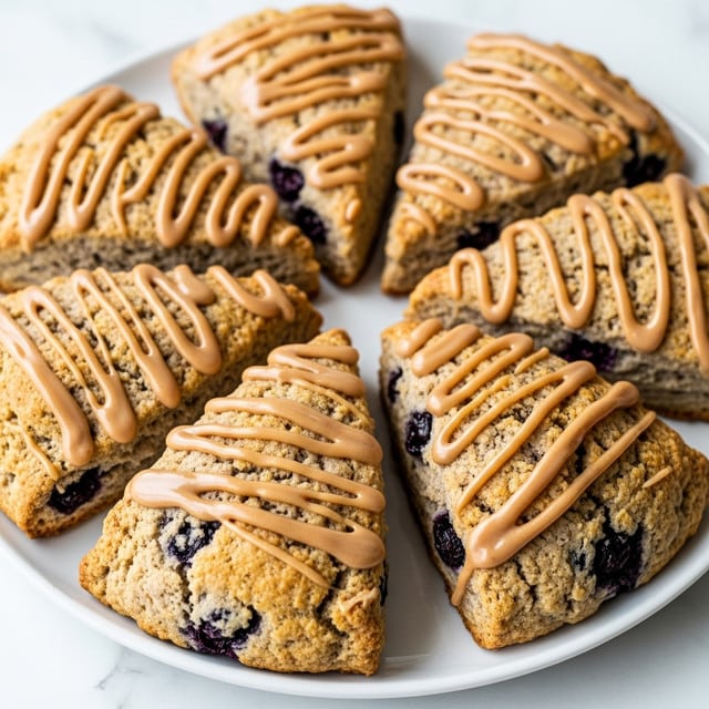 A close-up view of several triangular scones arranged in a circle on a white plate, each scone showing a golden brown crust with visible soft texture and scattered dark purple blueberries embedded inside. A light brown glaze is drizzled unevenly on top of each scone, adding a glossy finish that contrasts with the crumbly but moist surface. The plate sits on a white marbled texture that softly reflects light, adding a gentle shine to the overall image. photo taken with an iphone --ar 4:5 --v 7