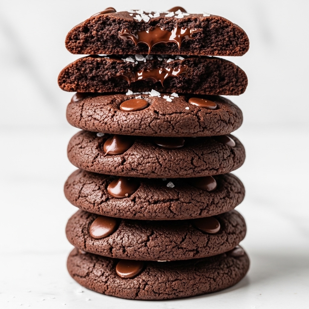 A tall stack of six round chocolate cookies is shown, each cookie rich and dark brown with a slightly soft and chewy texture. The top cookie is broken in half, revealing a moist, gooey inside filled with dark chocolate chips. Scattered on top of all the cookies are coarse white salt flakes, adding a contrast to the dark cookie surface. The cookies are thick with visible chocolate chip spots, and the stack sits against a white marbled background. photo taken with an iphone --ar 4:5 --v 7