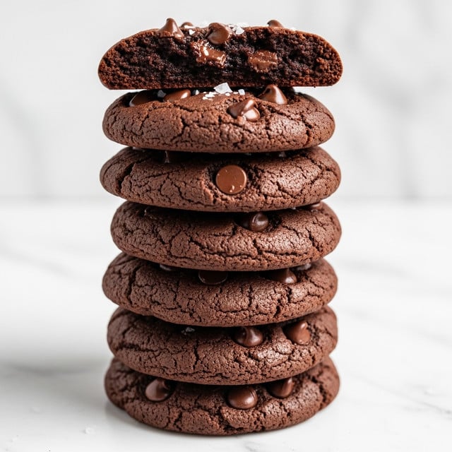 A tall stack of eight round, thick, soft chocolate cookies with a rich dark brown color is shown against a white marbled background. Each cookie is dotted with small chocolate chips and a few flakes of white sea salt scattered on top. The top cookie is broken in half, revealing a moist, chewy inside with visible chocolate chips. The surface of the cookies looks slightly glossy and smooth with a soft texture. photo taken with an iphone --ar 4:5 --v 7