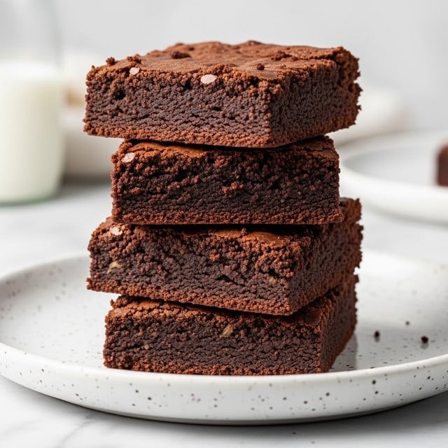 A stack of four thick, fudgy chocolate brownies with a dense and moist texture sits on a white speckled plate. Each brownie layer is dark brown and slightly glossy, showing a rich, chewy inside with a slight crust on the edges. The top brownie leans slightly, showing the soft crumb inside. The plate rests on a white marbled surface with a blurred glass of milk in the background. photo taken with an iphone --ar 4:5 --v 7