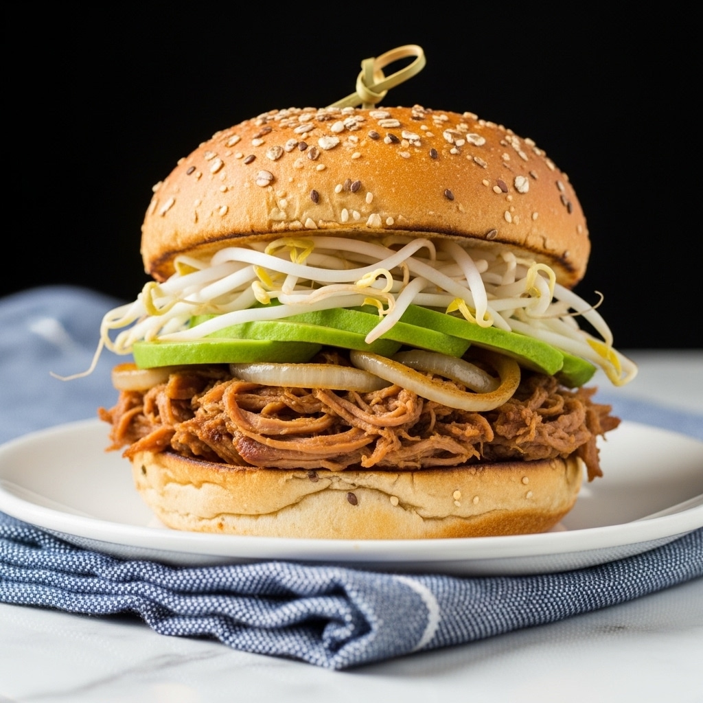 The image shows two servings of a pulled chicken dish, one as a sandwich and the other wrapped in green lettuce leaves, both placed on a white rectangular plate with a rustic brown fabric underneath on a white marbled surface. On the left, the sandwich has a light brown multigrain bun with visible grains on top, filled with shredded, juicy pulled chicken that looks moist and tender, topped with slices of green avocado, white bean sprouts, and green onions. On the side, there are golden crispy potato chips. The right side shows a close-up of the pulled chicken wrapped in fresh, bright green curly lettuce, garnished with white bean sprouts, sesame seeds, and small pieces of green onions, giving a fresh and crunchy look. photo taken with an iphone --ar 4:5 --v 7