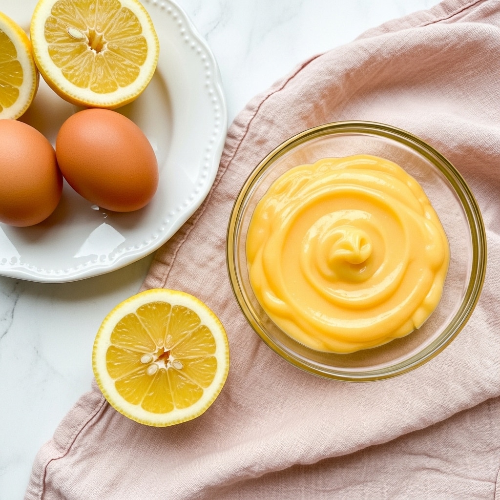 A small glass bowl filled with smooth, bright yellow lemon curd sits on a soft pale pink cloth, arranged on a white marbled surface. To the left of the bowl, there are two whole brown eggs and a halved, squeezed lemon placed on a white plate with scalloped edges, while another squeezed lemon half lies directly on the pink cloth. The lemon curd has a creamy texture with slight ripples on the surface, showing its rich and thick consistency. photo taken with an iphone --ar 4:5 --v 7