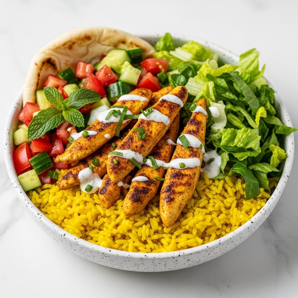 A white speckled bowl filled with a colorful mix of food on a white marbled surface, with three main layers: on the bottom, bright yellow rice that looks fluffy and soft; on the right side, fresh green lettuce leaves, chopped and crisp; in the center, several pieces of grilled chicken strips with a golden-brown char, topped with a light drizzle of white sauce and sprinkled with small green herb pieces; on the left side, diced red tomatoes and green cucumbers mixed with fresh mint leaves; at the very front left edge, a soft piece of pita bread partially tucked under the chicken and vegetables. Photo taken with an iphone --ar 4:5 --v 7