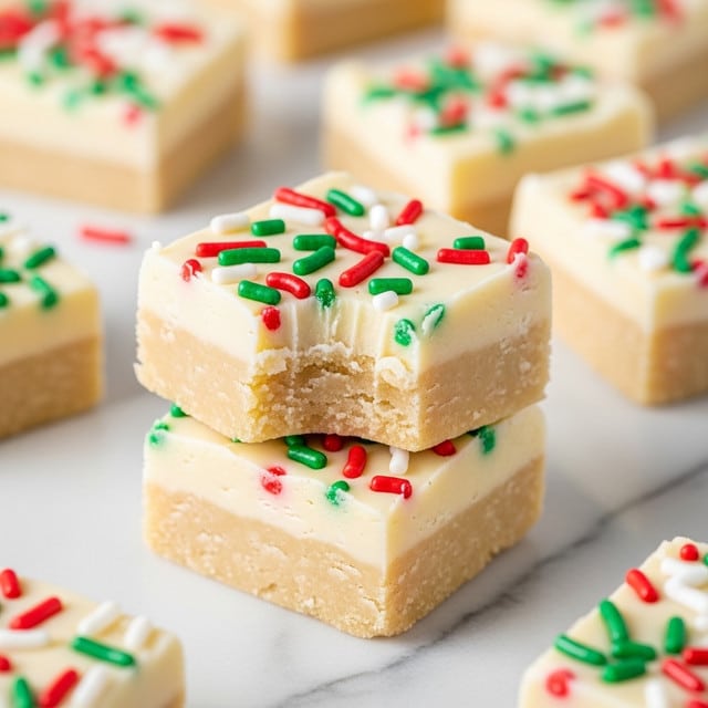 The image shows two pieces of white fudge stacked on top of each other on a white marbled surface. Each fudge piece has one thick layer, creamy white in color with a smooth but slightly crumbly texture. The top surface of both pieces is decorated with red, green, and white cylindrical sprinkles scattered unevenly. The top fudge piece has a small bite taken from one corner, revealing the dense but soft inside. Around the main stack, more pieces of the same fudge with sprinkles are visible but out of focus. Photo taken with an iphone --ar 4:5 --v 7