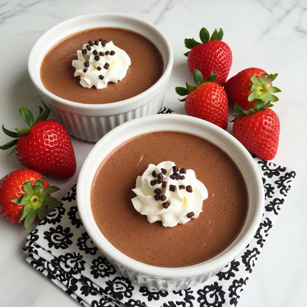 The image shows two white round ramekins filled with smooth, dark brown chocolate mousse. Each ramekin has a small dollop of white whipped cream sprinkled with tiny dark chocolate bits on top, centered on the surface. The ramekins sit on a white marbled surface with a folded black and white patterned napkin partly underneath them. Around the ramekins, there are several fresh bright red strawberries with green leaves, placed casually on the surface. Photo taken with an iphone --ar 4:5 --v 7