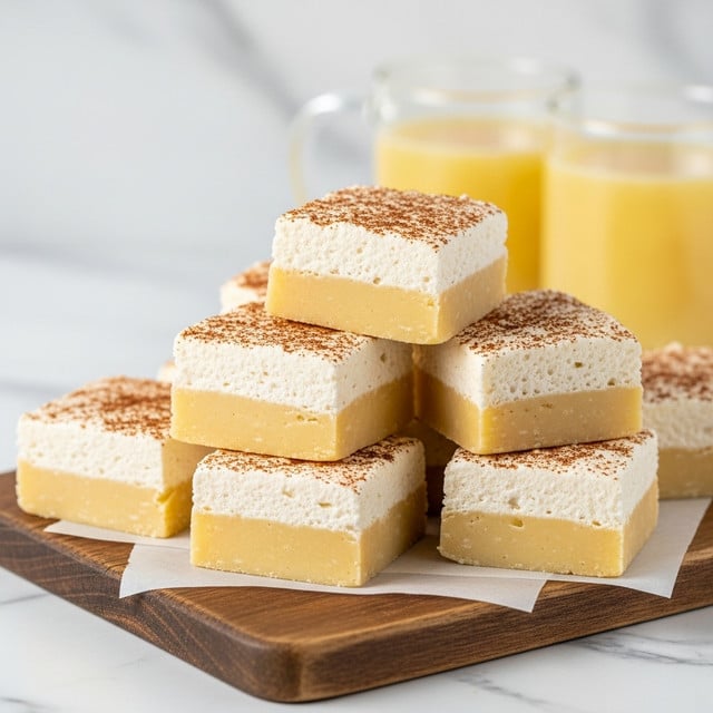 The image shows a stack of soft, creamy-colored squares of dessert, each with a smooth, slightly fluffy texture and topped with a light dusting of brown spice. These squares are layered in two layers, with the bottom and top layers having a pale, almost white color and a fine, whipped texture. They are arranged in a loose pile on a rustic wooden board, set against a white marbled background. In the blurred background, there are two clear glass mugs filled with a light yellow beverage. photo taken with an iphone --ar 4:5 --v 7