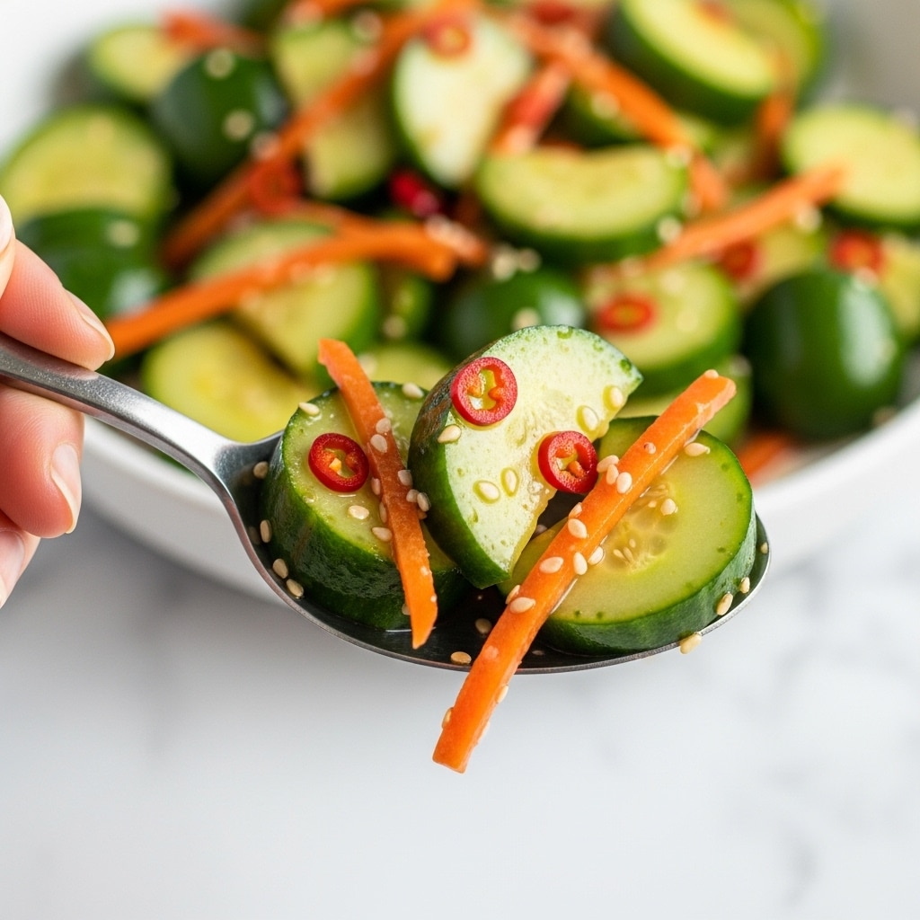 A close-up of a silver spoon holding a bite of a cucumber salad, showing thick, unevenly cut green cucumber pieces as the main layer. Thin, slightly curled strips of orange carrot and small white sesame seeds are mixed in, with a light glossy dressing coating the ingredients, giving a wet, shiny texture. Tiny red chili flakes are sprinkled on top, adding the look of spice. The background shows more of the cucumber salad out of focus on a white marbled surface, with a woman's hand holding the spoon from the left side. photo taken with an iphone --ar 4:5 --v 7
