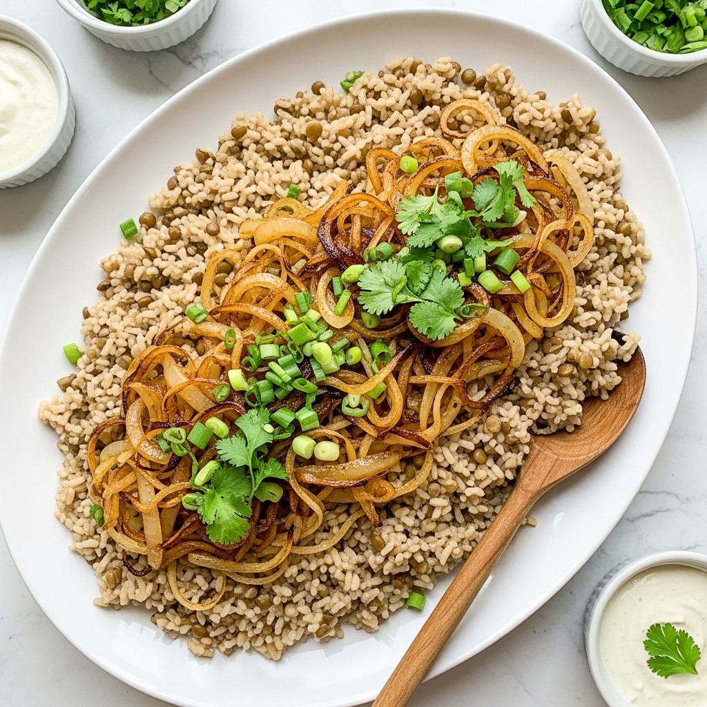 In a large white oval plate sits a base layer of cooked rice mixed with lentils, showing a light brown and soft grainy texture spread evenly across the plate. On top is a generous layer of golden-brown caramelized onions, slightly curly and glossy. Bright green chopped scallions and fresh cilantro leaves are sprinkled over the onions, adding vibrant pops of color. A wooden spoon rests on the side of the plate, partially on the food. Around the plate, small white bowls hold dips or sauces, with the scene set on a white marbled surface. photo taken with an iphone --ar 4:5 --v 7