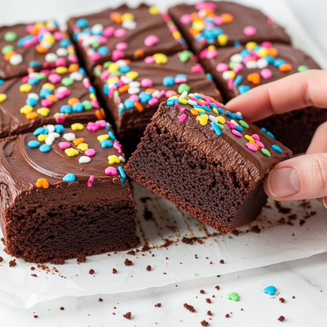 A batch of chocolate brownies is cut into nine squares, each with two layers: a dark brown, moist, and dense brownie base at the bottom and a thick layer of glossy, rich chocolate frosting on top. Bright, colorful sprinkles in various shapes and colors cover the frosting unevenly. One square is tilted and held by a woman's hand, showing the dense texture inside. The brownies sit on white parchment paper over a white marbled surface, with crumbs scattered around. The focus is close-up, highlighting the moist texture and the glossy frosting. photo taken with an iphone --ar 4:5 --v 7